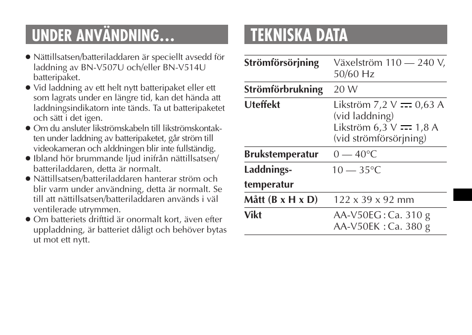 Tekniska data, Under användning | JVC AA-V50 User Manual | Page 55 / 86