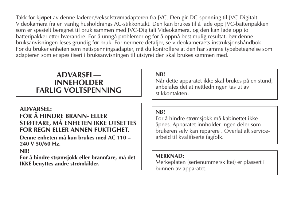 Advarsel— inneholder farlig voltspenning | JVC AA-V50 User Manual | Page 56 / 86