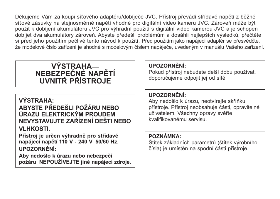 Výstraha — nebezpečné napětí uvnitř přístroje | JVC AA-V50 User Manual | Page 68 / 86