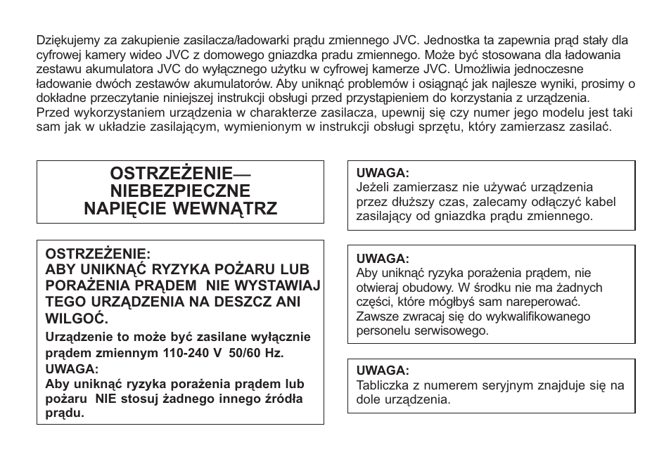 Ostrzeżenie — niebezpieczne napięcie wewnątrz | JVC AA-V50 User Manual | Page 74 / 86