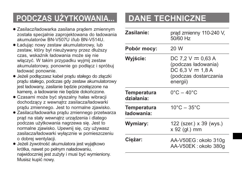 Podczas użytkowania... dane techniczne | JVC AA-V50 User Manual | Page 79 / 86