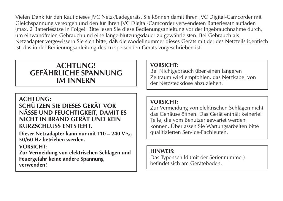 Achtung! gefährliche spannung im innern | JVC AA-V50 User Manual | Page 8 / 86