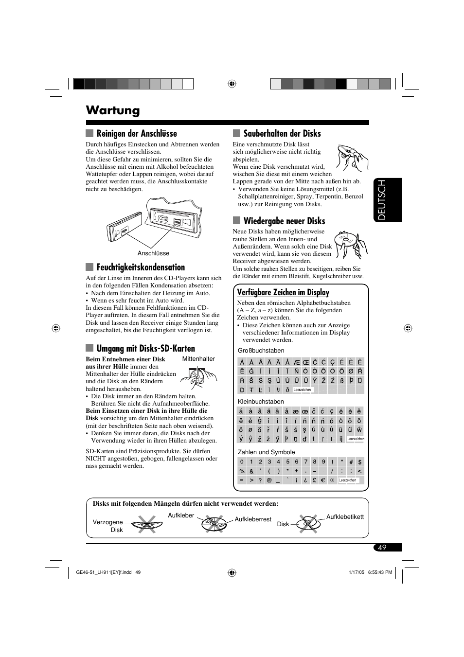 Wartung, Deutsch, Reinigen der anschlüsse | Feuchtigkeitskondensation, Umgang mit disks-sd-karten, Sauberhalten der disks, Wiedergabe neuer disks | JVC KD-LH911 User Manual | Page 105 / 171