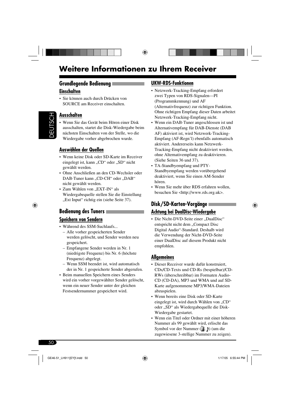 Weitere informationen zu ihrem receiver, Deutsch, Grundlegende bedienung | Bedienung des tuners, Disk/sd-karten-vorgänge | JVC KD-LH911 User Manual | Page 106 / 171