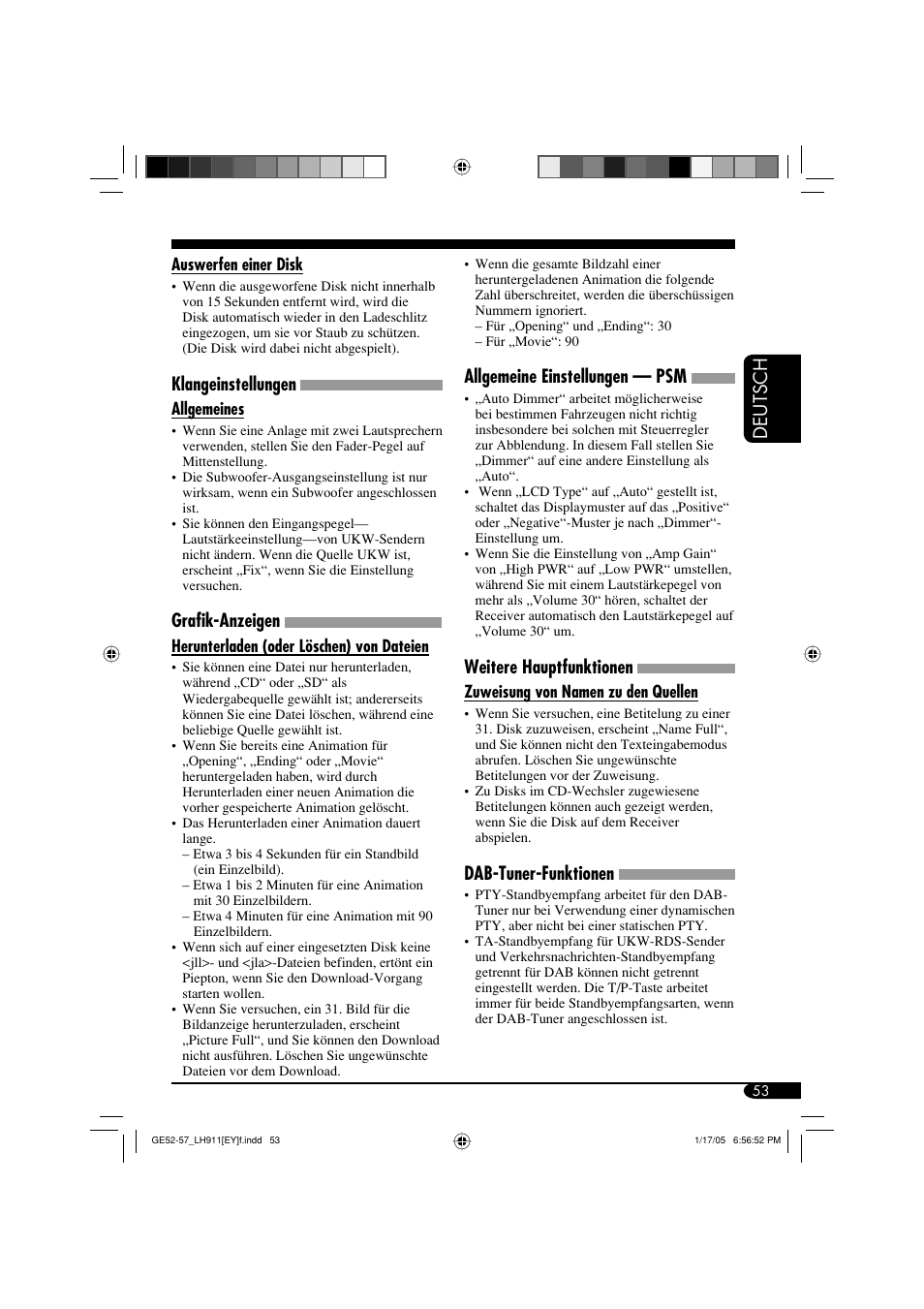 Deutsch, Allgemeine einstellungen — psm, Weitere hauptfunktionen | Dab-tuner-funktionen, Klangeinstellungen, Grafik-anzeigen | JVC KD-LH911 User Manual | Page 109 / 171