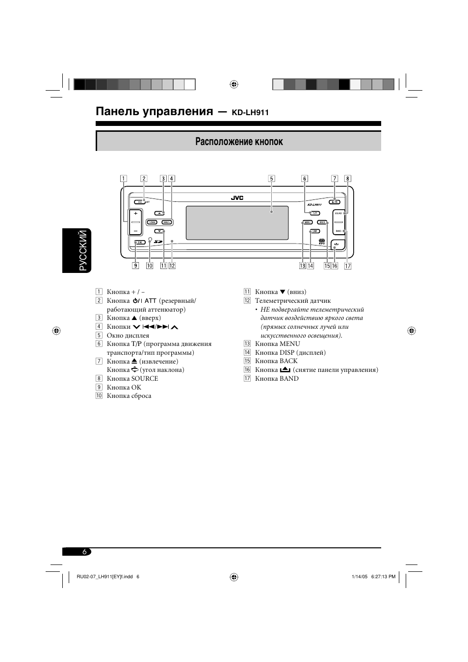 Панель управления, Расположение кнопок, Руcckий | JVC KD-LH911 User Manual | Page 118 / 171