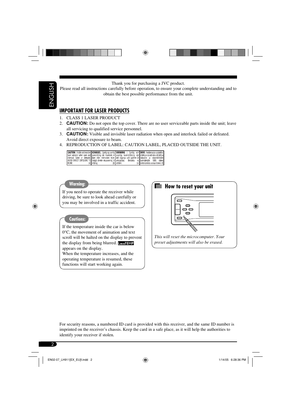 English how to reset your unit | JVC KD-LH911 User Manual | Page 2 / 171