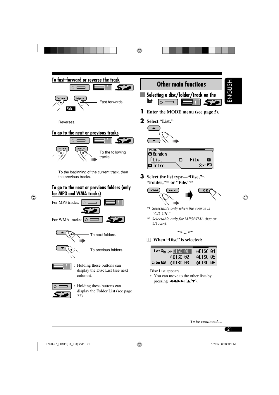 Other main functions, English, Selecting a disc/folder/track on the list 1 | JVC KD-LH911 User Manual | Page 21 / 171