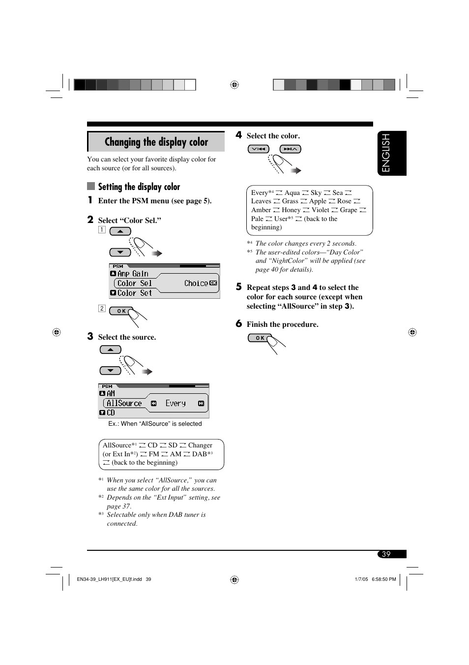 Changing the display color, English, Setting the display color 1 | JVC KD-LH911 User Manual | Page 39 / 171