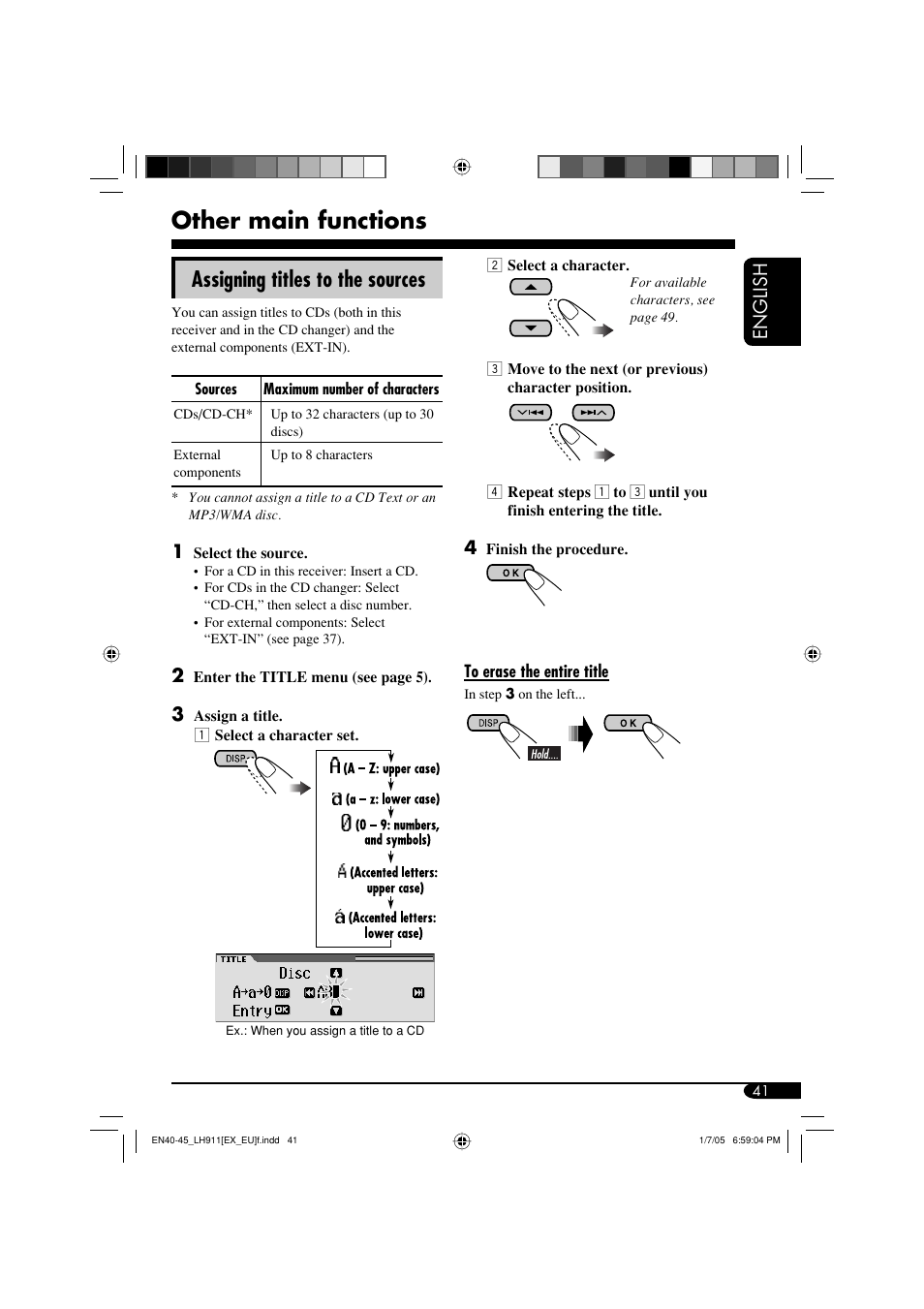 Other main functions, Assigning titles to the sources, English | JVC KD-LH911 User Manual | Page 41 / 171