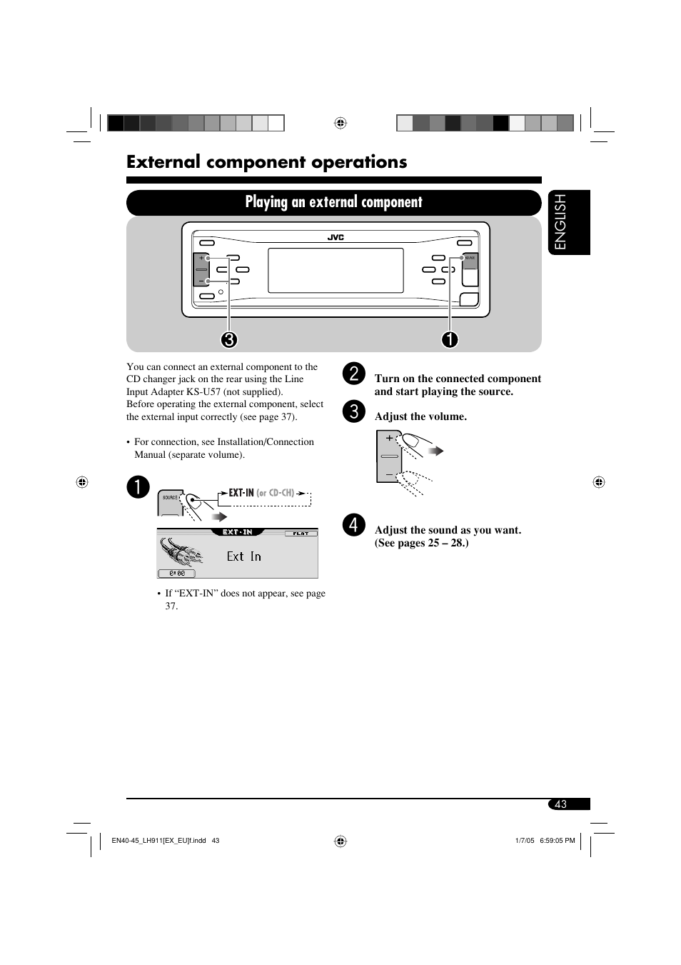 External component operations, Playing an external component | JVC KD-LH911 User Manual | Page 43 / 171