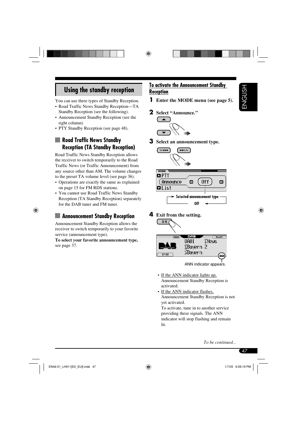 Using the standby reception, English, Announcement standby reception | JVC KD-LH911 User Manual | Page 47 / 171