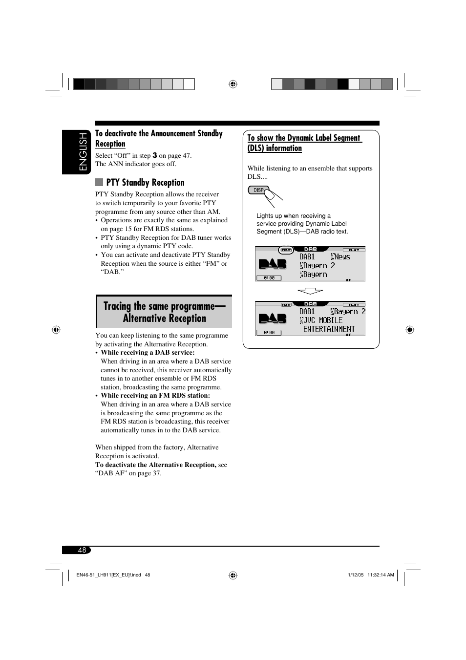 Tracing the same programme— alternative reception, English, Pty standby reception | JVC KD-LH911 User Manual | Page 48 / 171