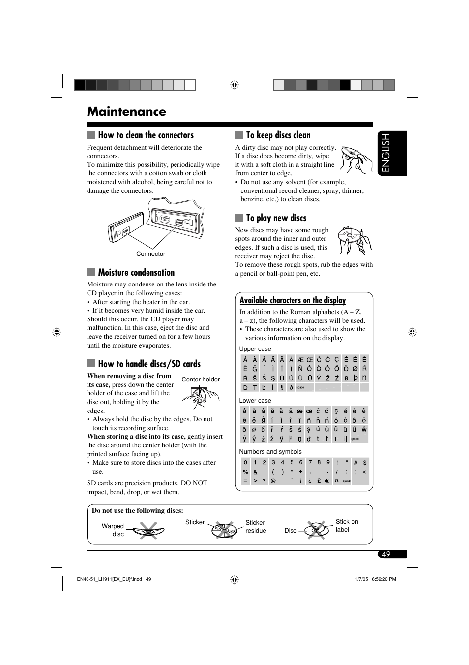 Maintenance, English how to clean the connectors, Moisture condensation | How to handle discs/sd cards | JVC KD-LH911 User Manual | Page 49 / 171