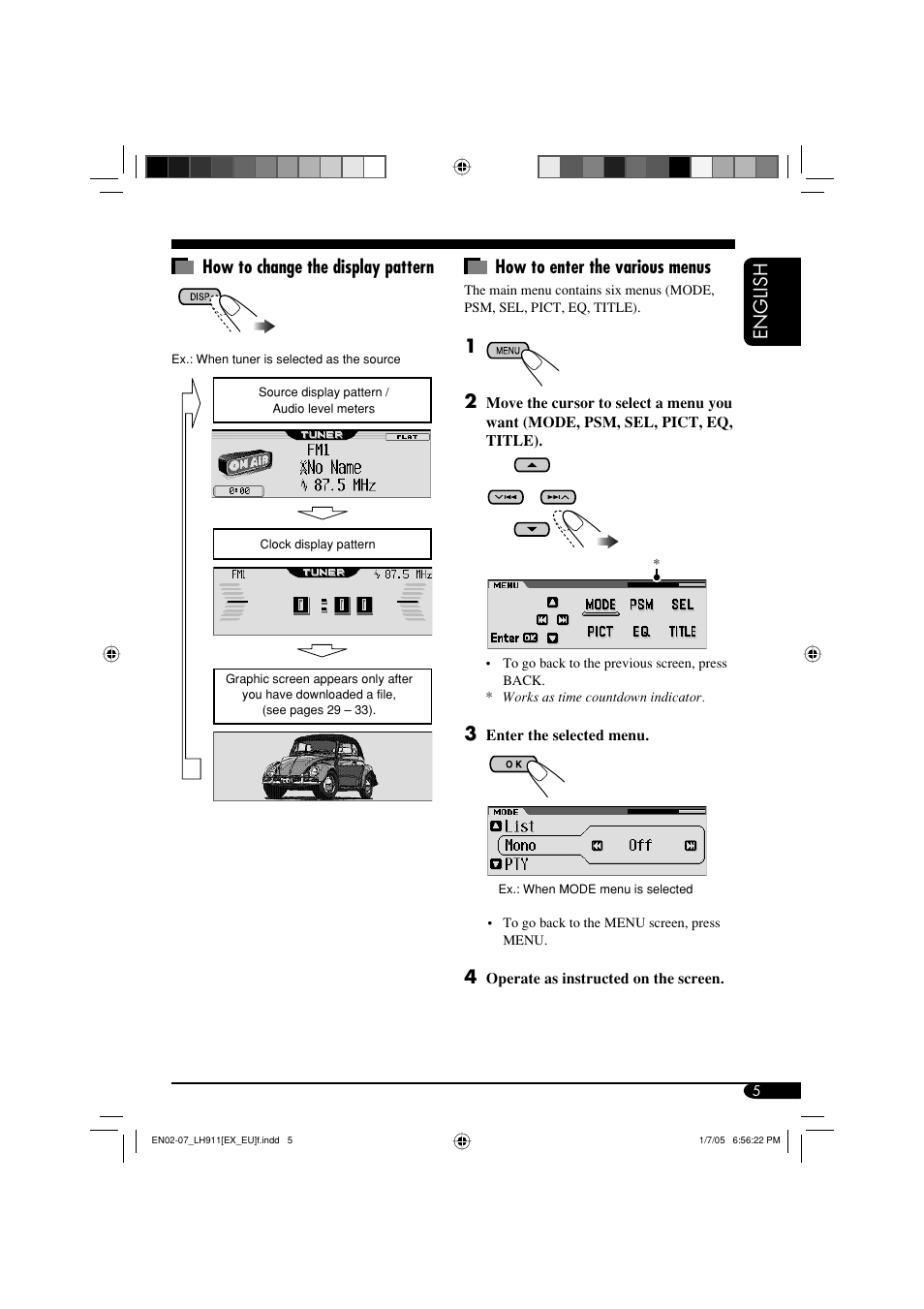 English how to change the display pattern, How to enter the various menus | JVC KD-LH911 User Manual | Page 5 / 171