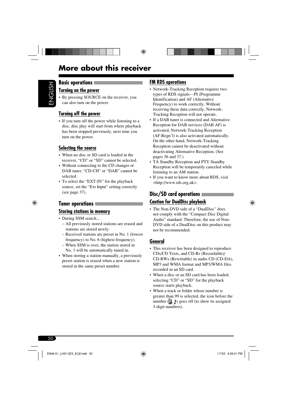 More about this receiver, English, Basic operations | Tuner operations, Disc/sd card operations | JVC KD-LH911 User Manual | Page 50 / 171