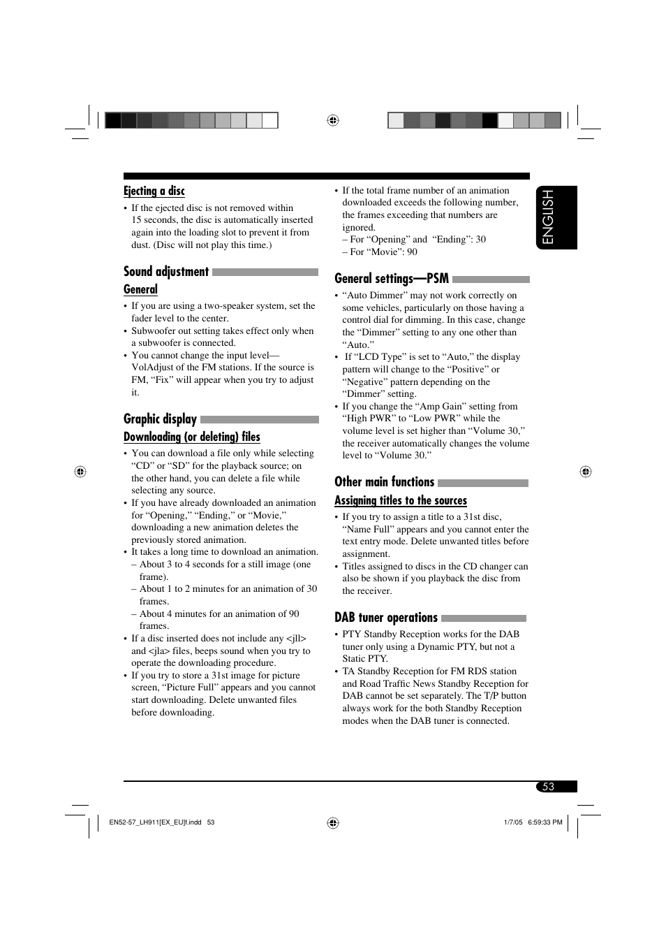 English, General settings—psm, Other main functions | Dab tuner operations, Sound adjustment, Graphic display | JVC KD-LH911 User Manual | Page 53 / 171