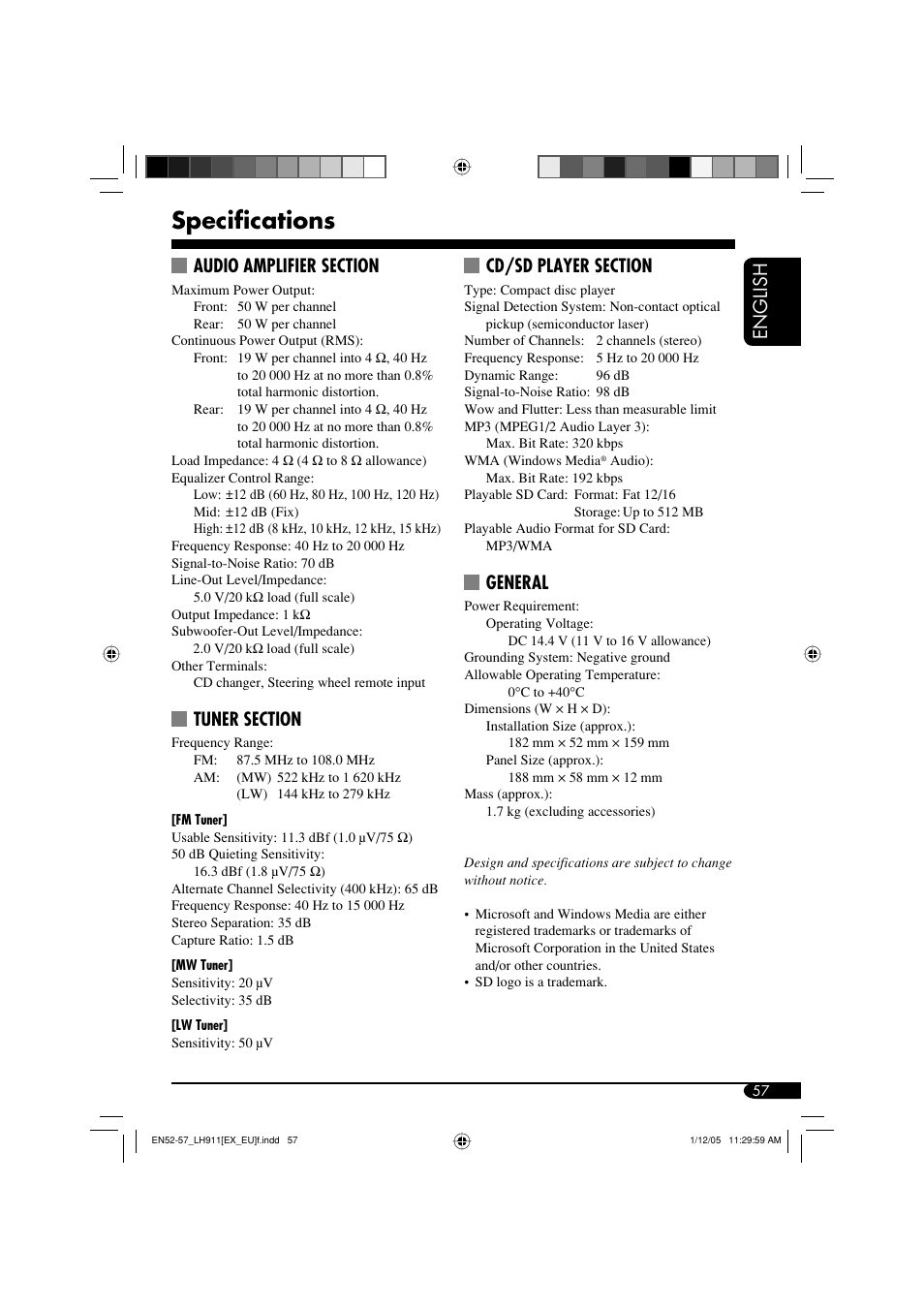 Specifications, English, General | JVC KD-LH911 User Manual | Page 57 / 171