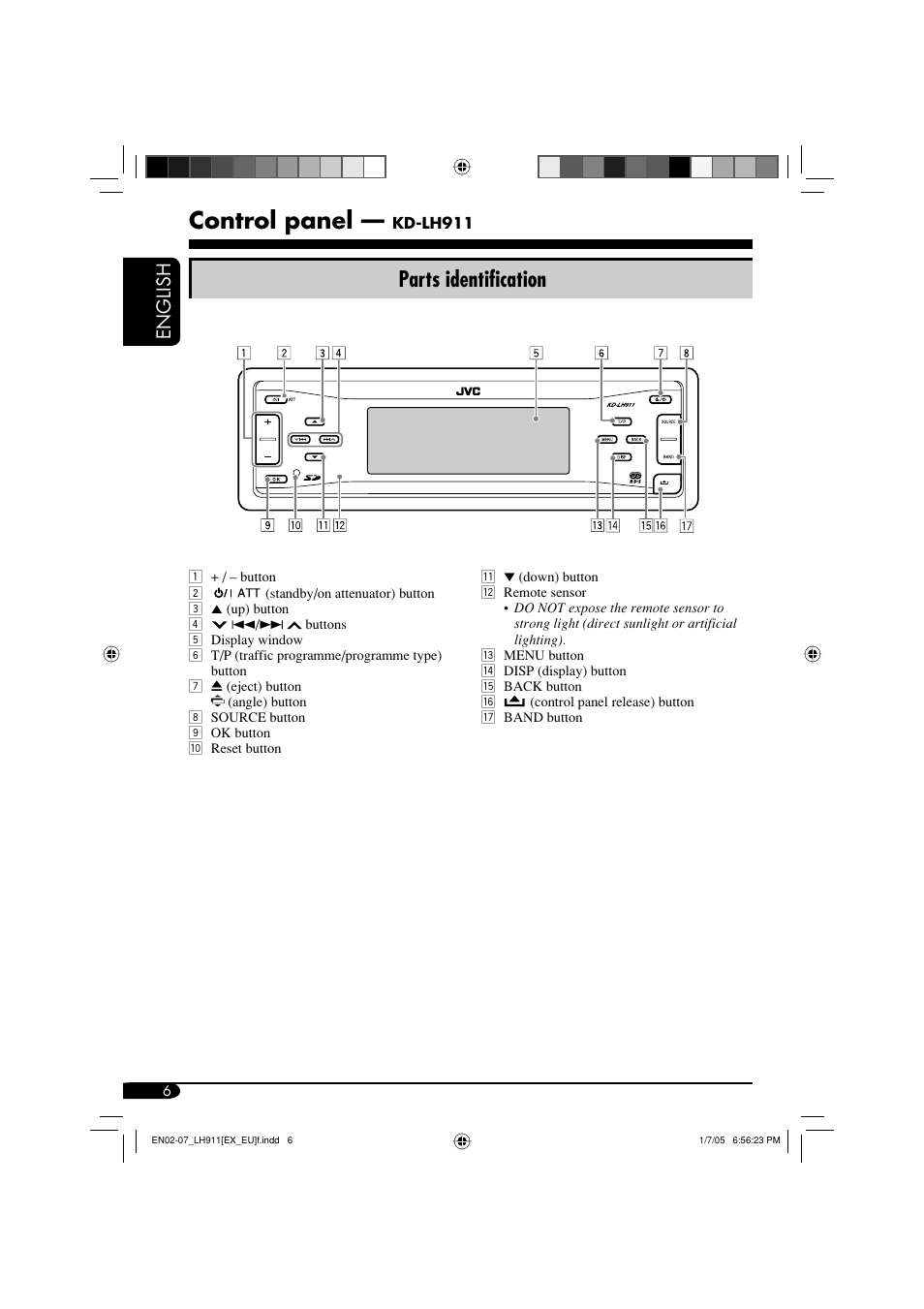 Control panel, Parts identification, English | JVC KD-LH911 User Manual | Page 6 / 171