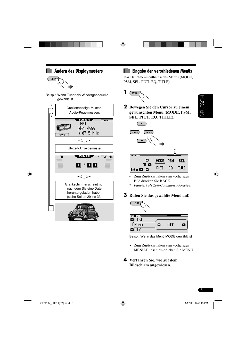 Deutsch eingabe der verschiedenen menüs, Ändern des displaymusters | JVC KD-LH911 User Manual | Page 61 / 171