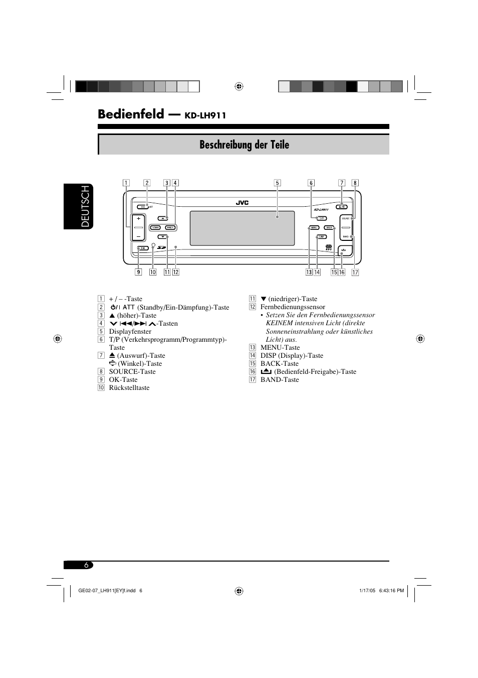 Bedienfeld, Beschreibung der teile, Deutsch | JVC KD-LH911 User Manual | Page 62 / 171