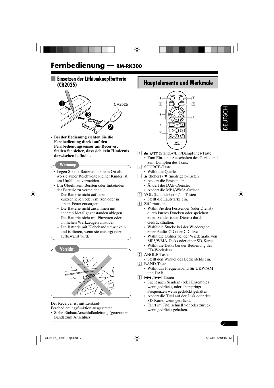 Fernbedienung, Hauptelemente und merkmale, Deutsch | Einsetzen der lithiumknopfbatterie (cr2025) | JVC KD-LH911 User Manual | Page 63 / 171