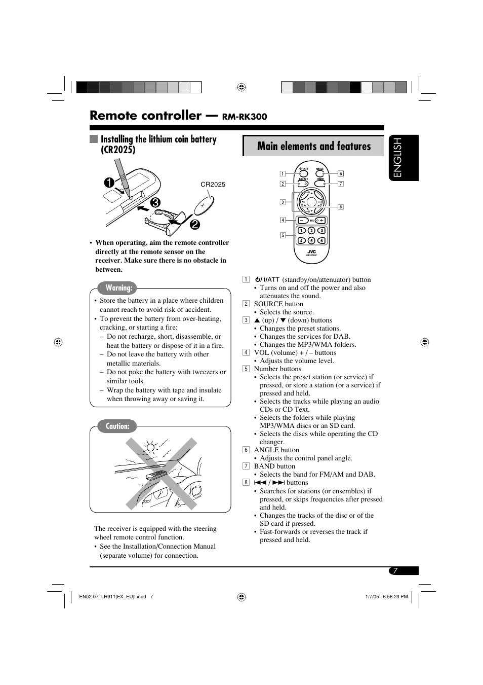 Remote controller, Main elements and features, English | Installing the lithium coin battery (cr2025) | JVC KD-LH911 User Manual | Page 7 / 171