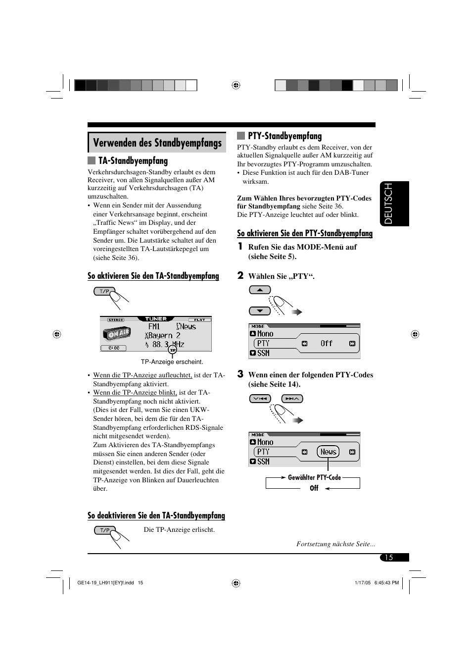 Verwenden des standbyempfangs, Deutsch, Ta-standbyempfang | Pty-standbyempfang | JVC KD-LH911 User Manual | Page 71 / 171