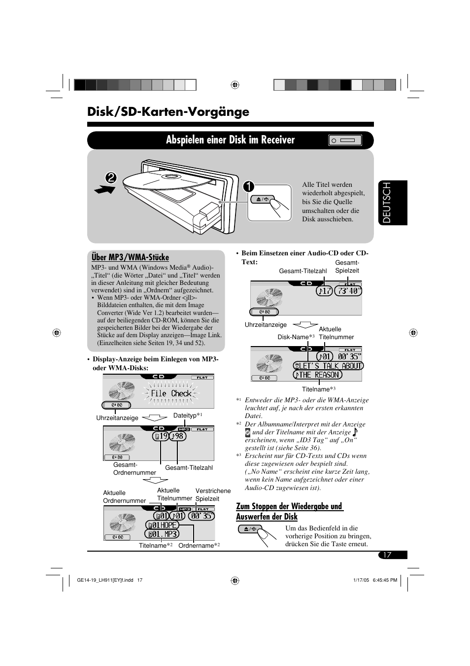 Disk/sd-karten-vorgänge, Abspielen einer disk im receiver, Deutsch | Über mp3/wma-stücke, Zum stoppen der wiedergabe und auswerfen der disk | JVC KD-LH911 User Manual | Page 73 / 171