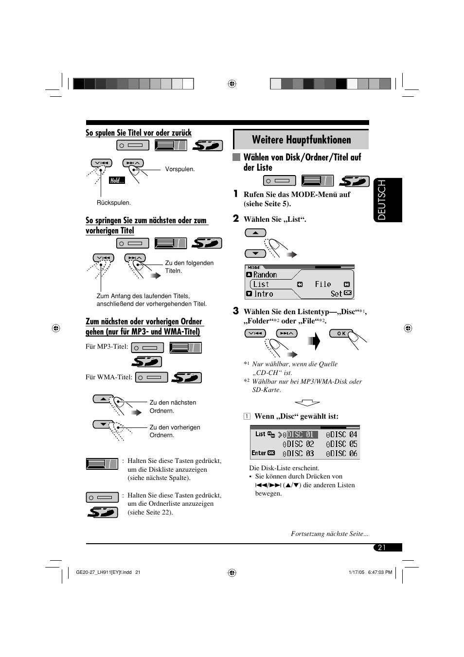 Weitere hauptfunktionen, Deutsch, Wählen von disk/ordner/titel auf der liste 1 | JVC KD-LH911 User Manual | Page 77 / 171