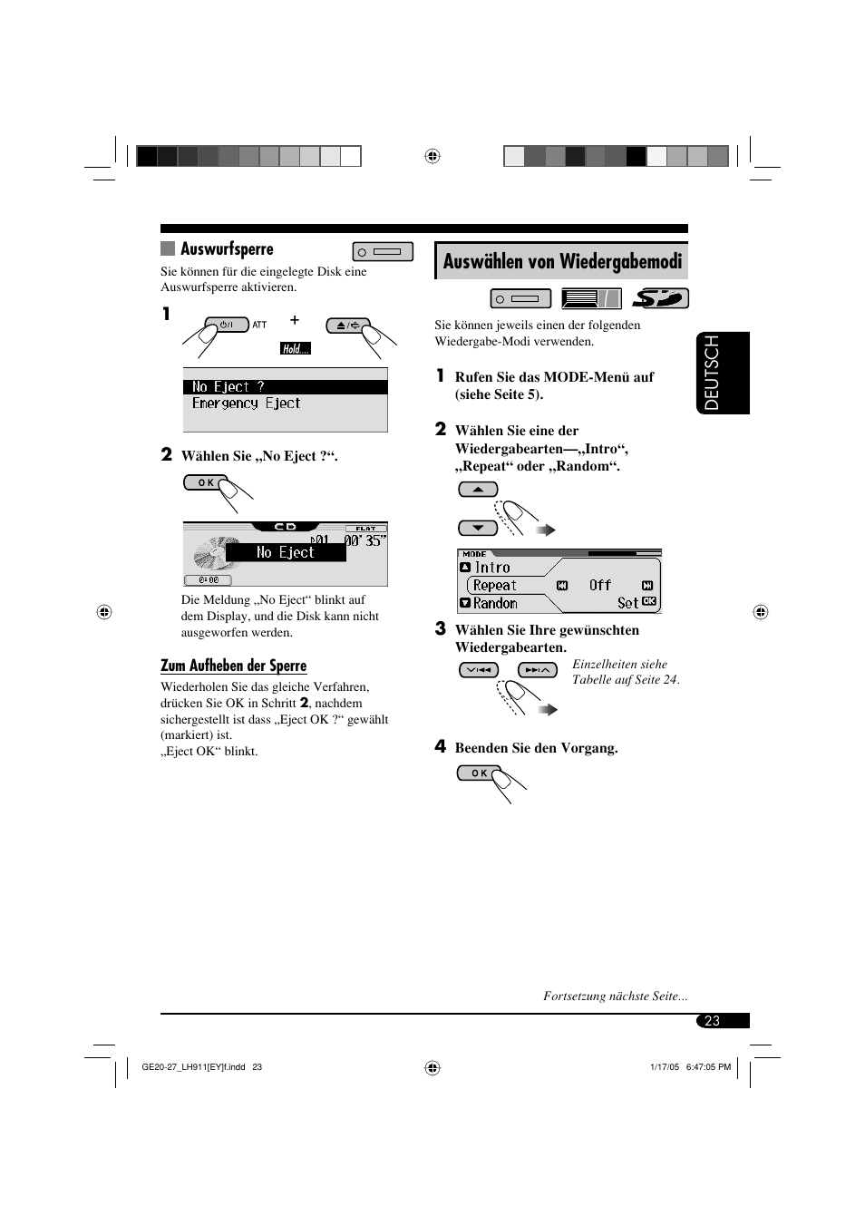 Auswählen von wiedergabemodi, Deutsch, Auswurfsperre | JVC KD-LH911 User Manual | Page 79 / 171