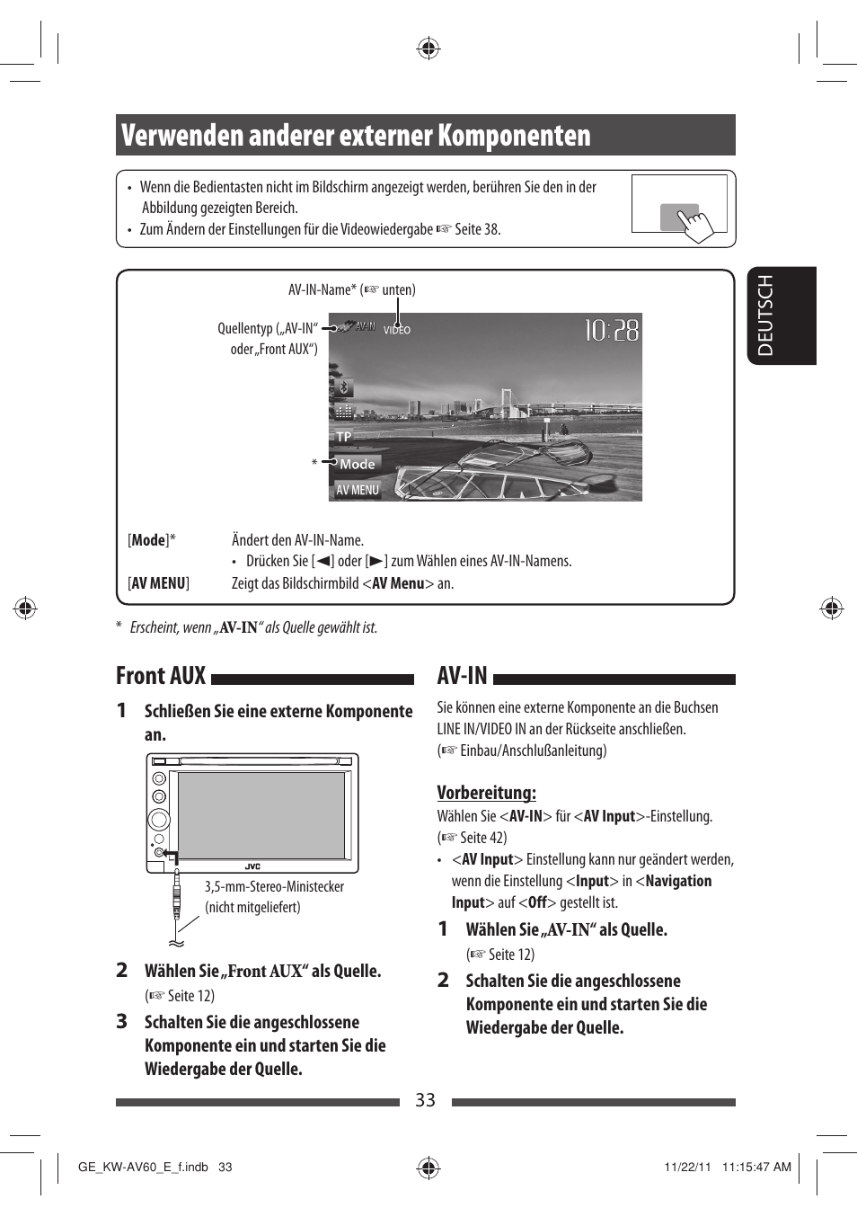 Verwenden anderer externer komponenten, Av-in front aux | JVC KW-AV60BT User Manual | Page 101 / 277