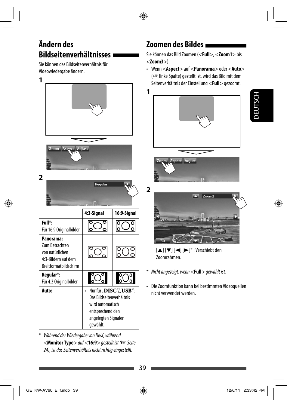 Ändern des bildseitenverhältnisses, Zoomen des bildes | JVC KW-AV60BT User Manual | Page 107 / 277