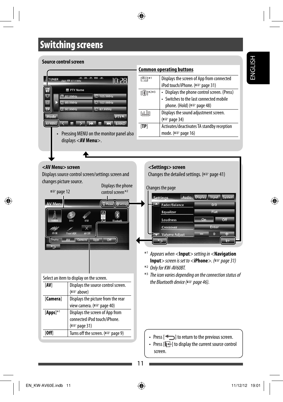Switching screens, 11 english | JVC KW-AV60BT User Manual | Page 11 / 277