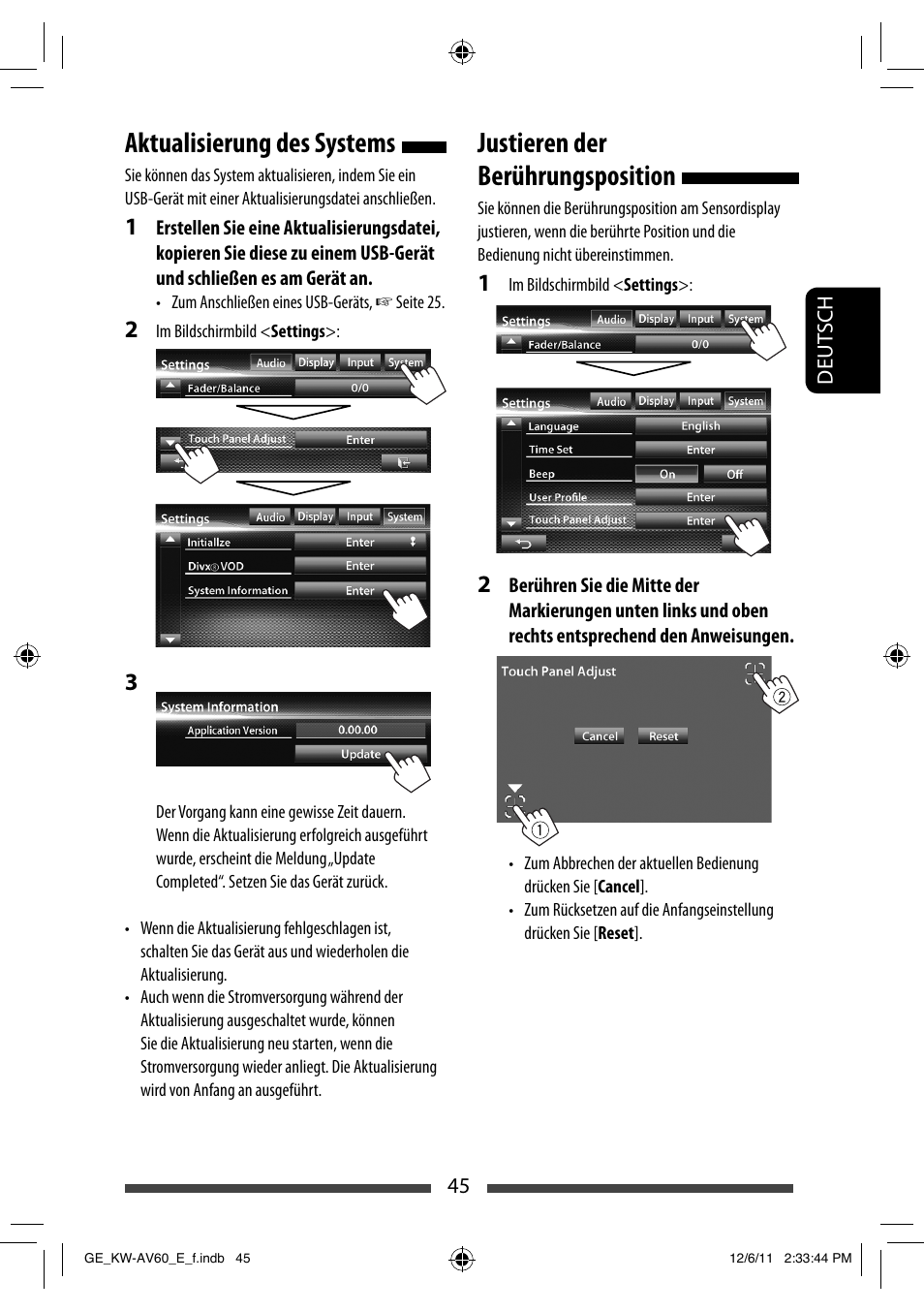 Justieren der berührungsposition, Aktualisierung des systems | JVC KW-AV60BT User Manual | Page 113 / 277