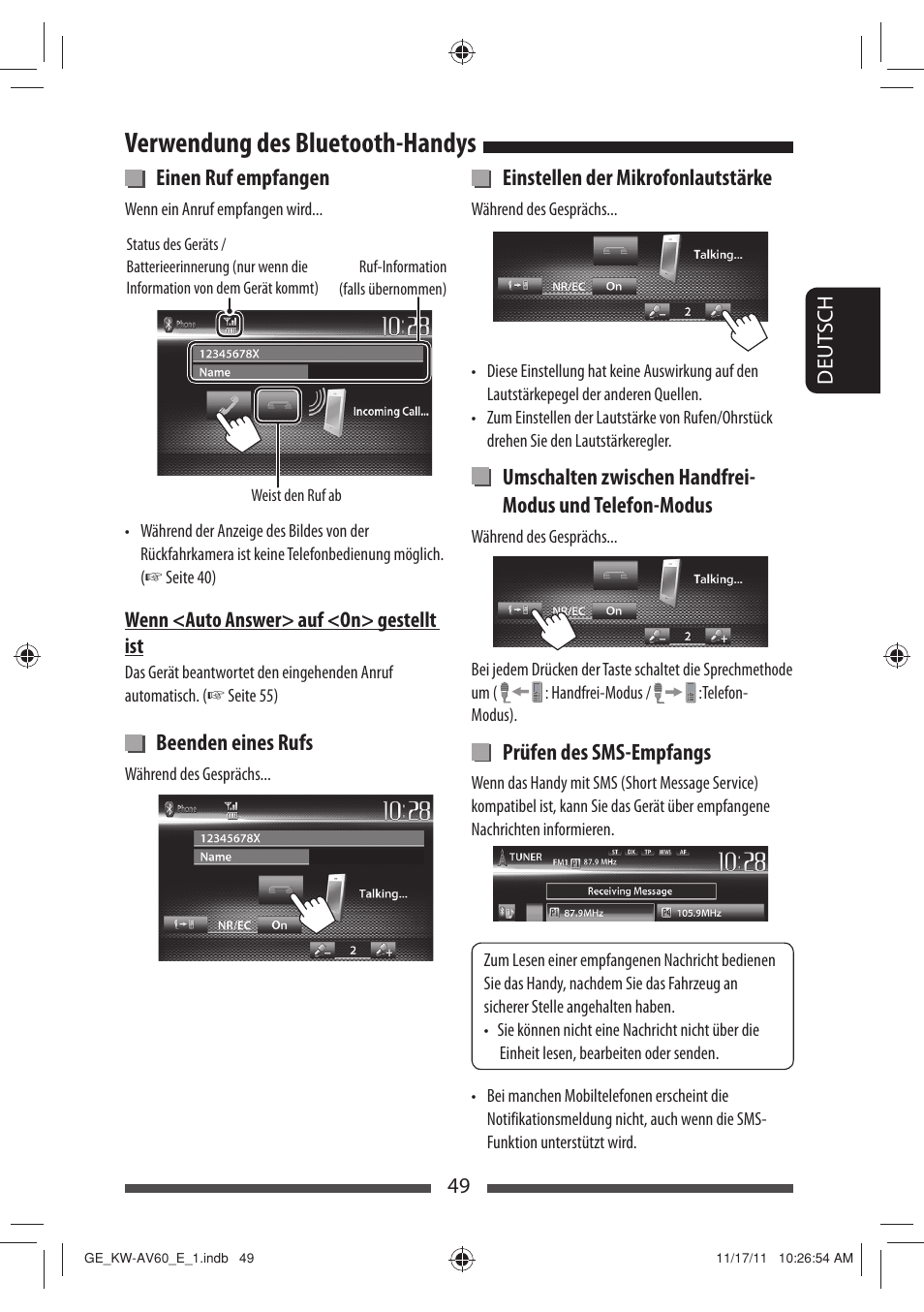 Verwendung des bluetooth-handys, Einen ruf empfangen, Beenden eines rufs | Einstellen der mikrofonlautstärke, Prüfen des sms-empfangs | JVC KW-AV60BT User Manual | Page 117 / 277
