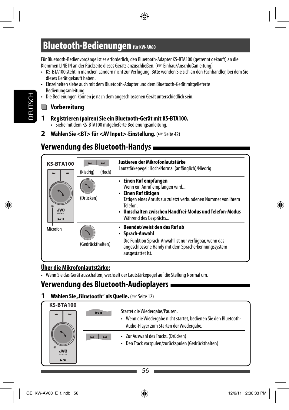Bluetooth-bedienungen, Verwendung des bluetooth-handys, Verwendung des bluetooth-audioplayers | JVC KW-AV60BT User Manual | Page 124 / 277