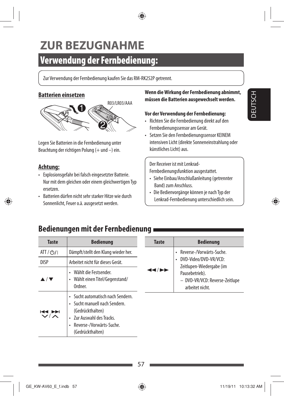 Zur bezugnahme, Verwendung der fernbedienung, Bedienungen mit der fernbedienung | JVC KW-AV60BT User Manual | Page 125 / 277