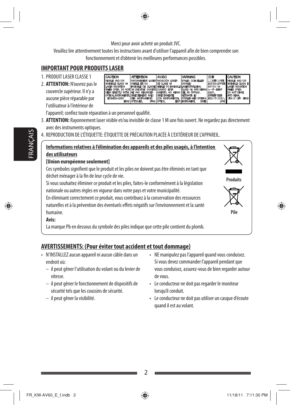 2français, Important pour produits laser | JVC KW-AV60BT User Manual | Page 138 / 277