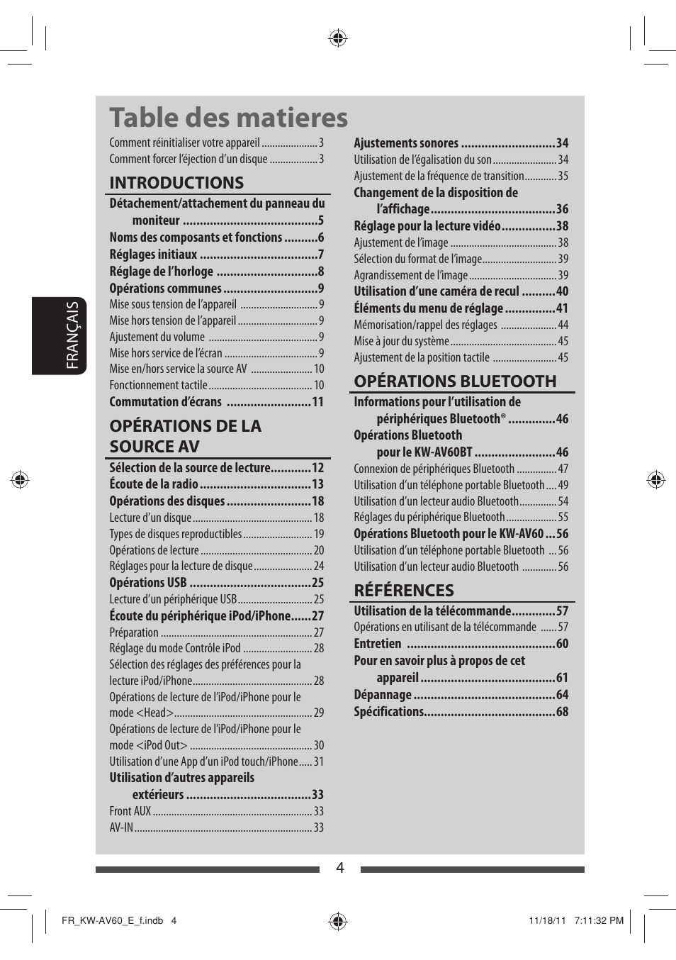 Table des matieres, Introductions, Opérations de la source av | Opérations bluetooth, Références | JVC KW-AV60BT User Manual | Page 140 / 277