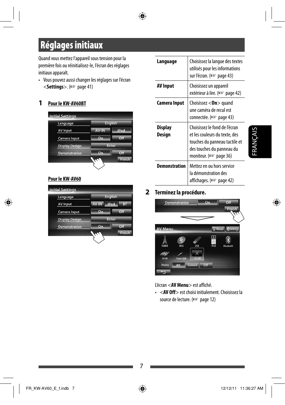 Réglages initiaux | JVC KW-AV60BT User Manual | Page 143 / 277