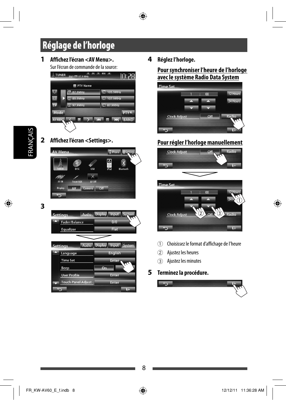 Réglage de l’horloge | JVC KW-AV60BT User Manual | Page 144 / 277