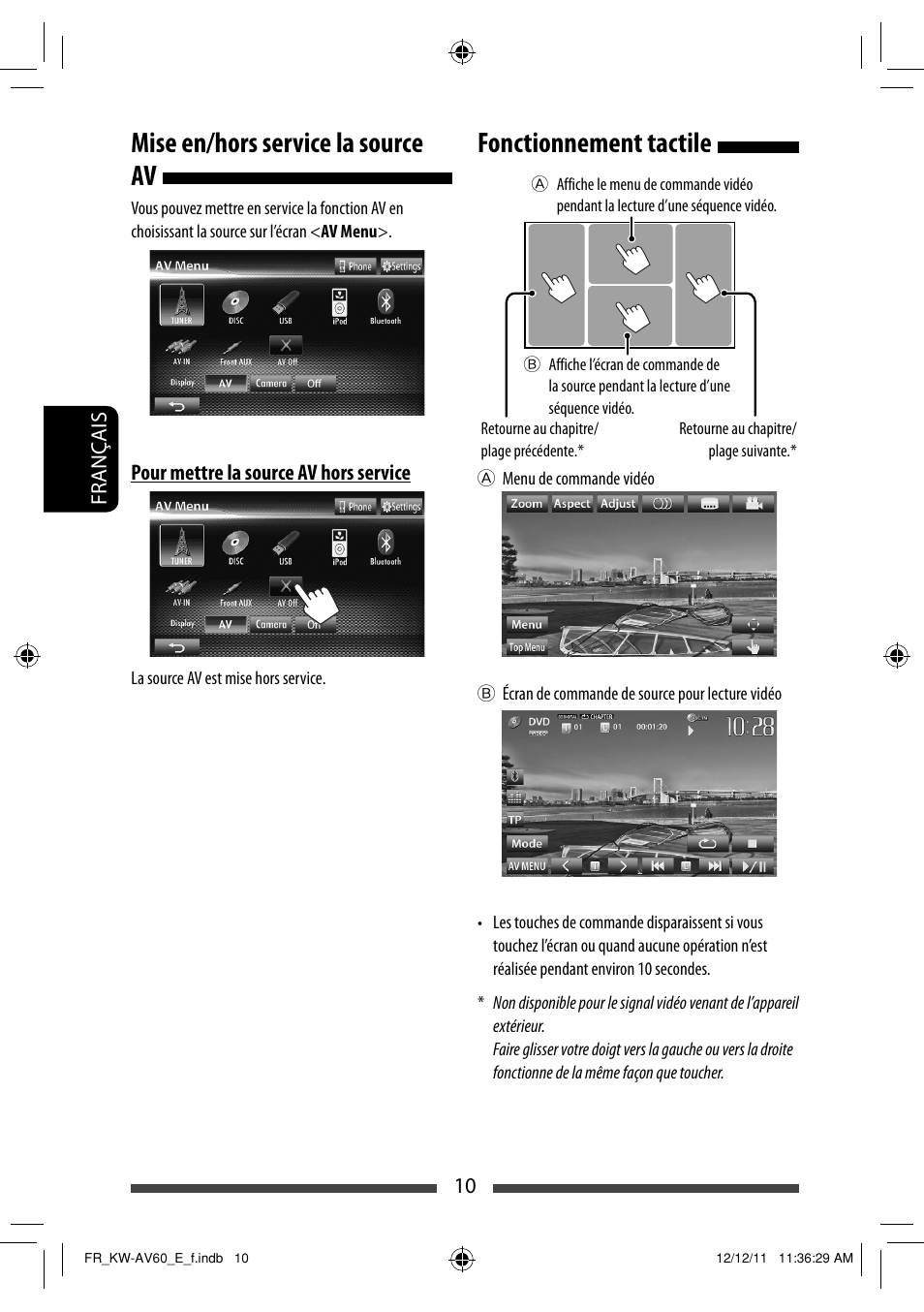 Fonctionnement tactile, Mise en/hors service la source av | JVC KW-AV60BT User Manual | Page 146 / 277
