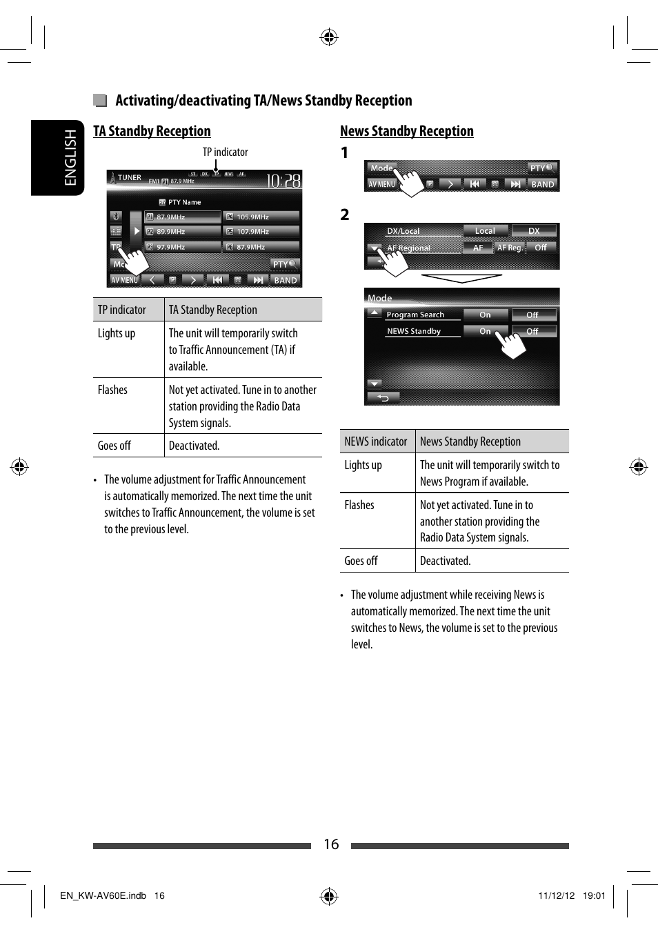 Activating/deactivating ta/news standby reception | JVC KW-AV60BT User Manual | Page 16 / 277
