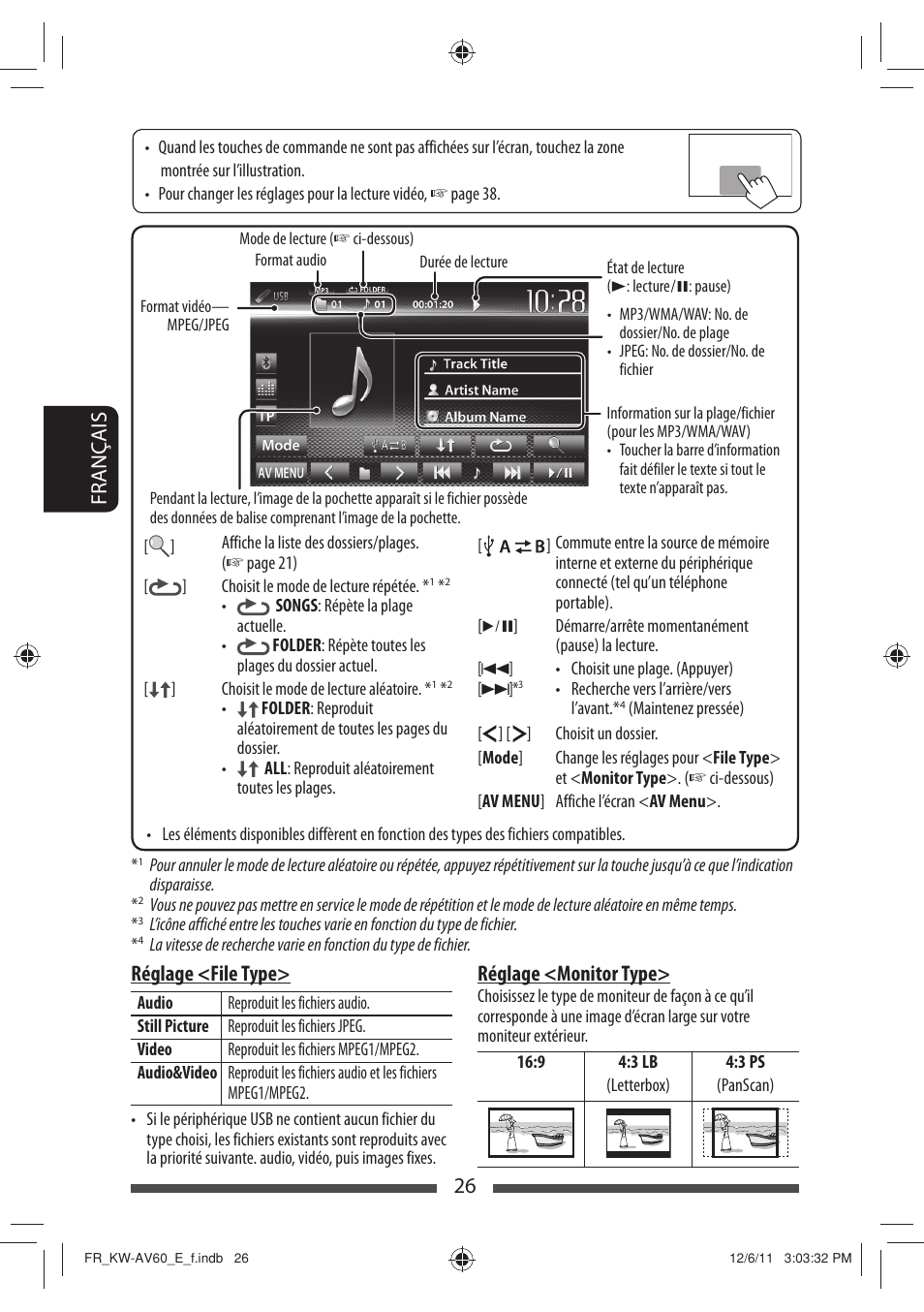 26 français réglage <file type, Réglage <monitor type | JVC KW-AV60BT User Manual | Page 162 / 277
