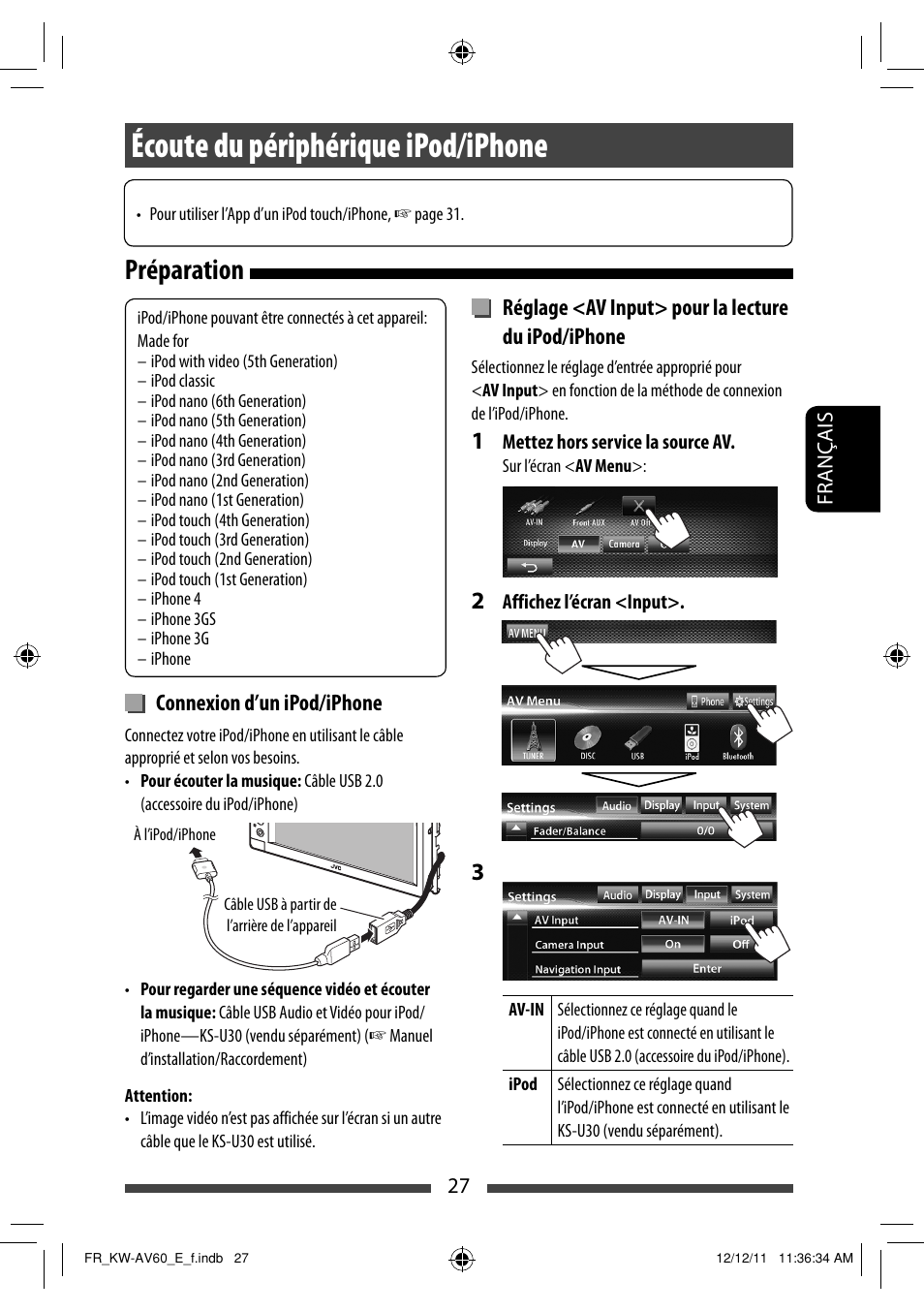 Écoute du périphérique ipod/iphone, Préparation | JVC KW-AV60BT User Manual | Page 163 / 277
