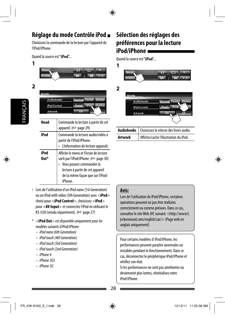 Réglage du mode contrôle ipod | JVC KW-AV60BT User Manual | Page 164 / 277