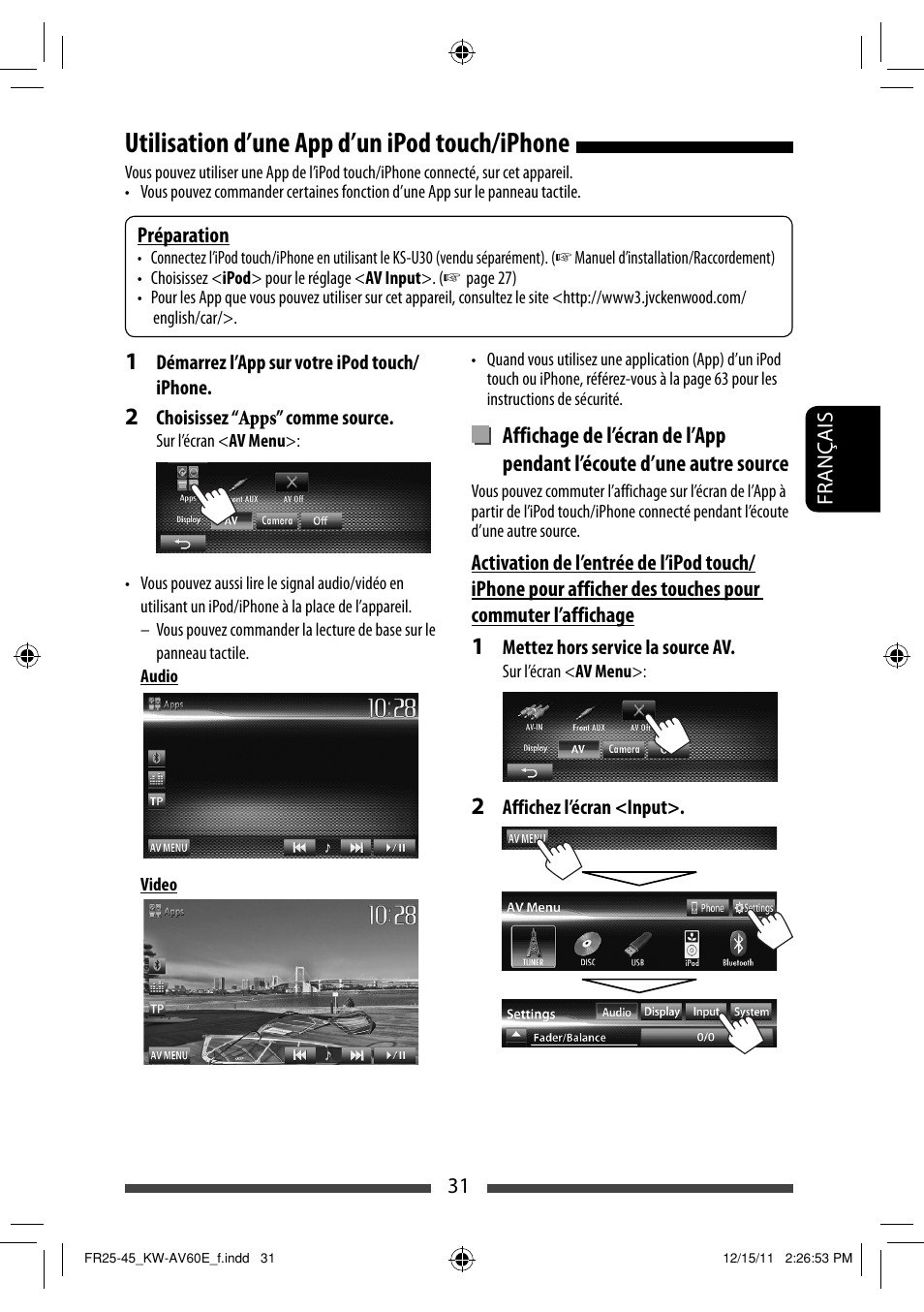 Utilisation d’une app d’un ipod touch/iphone | JVC KW-AV60BT User Manual | Page 167 / 277