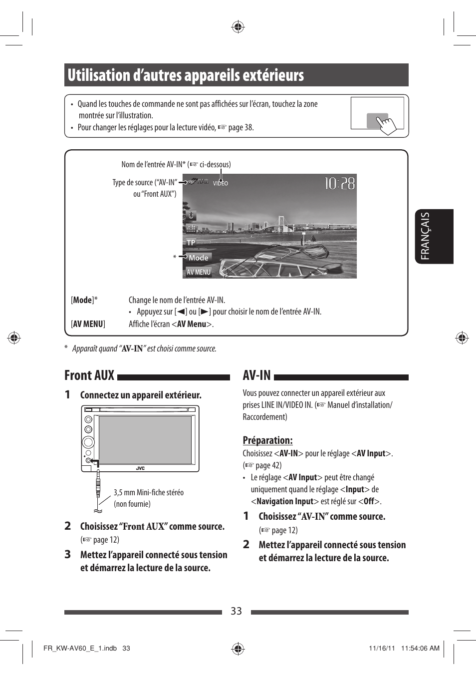 Utilisation d’autres appareils extérieurs, Av-in front aux | JVC KW-AV60BT User Manual | Page 169 / 277