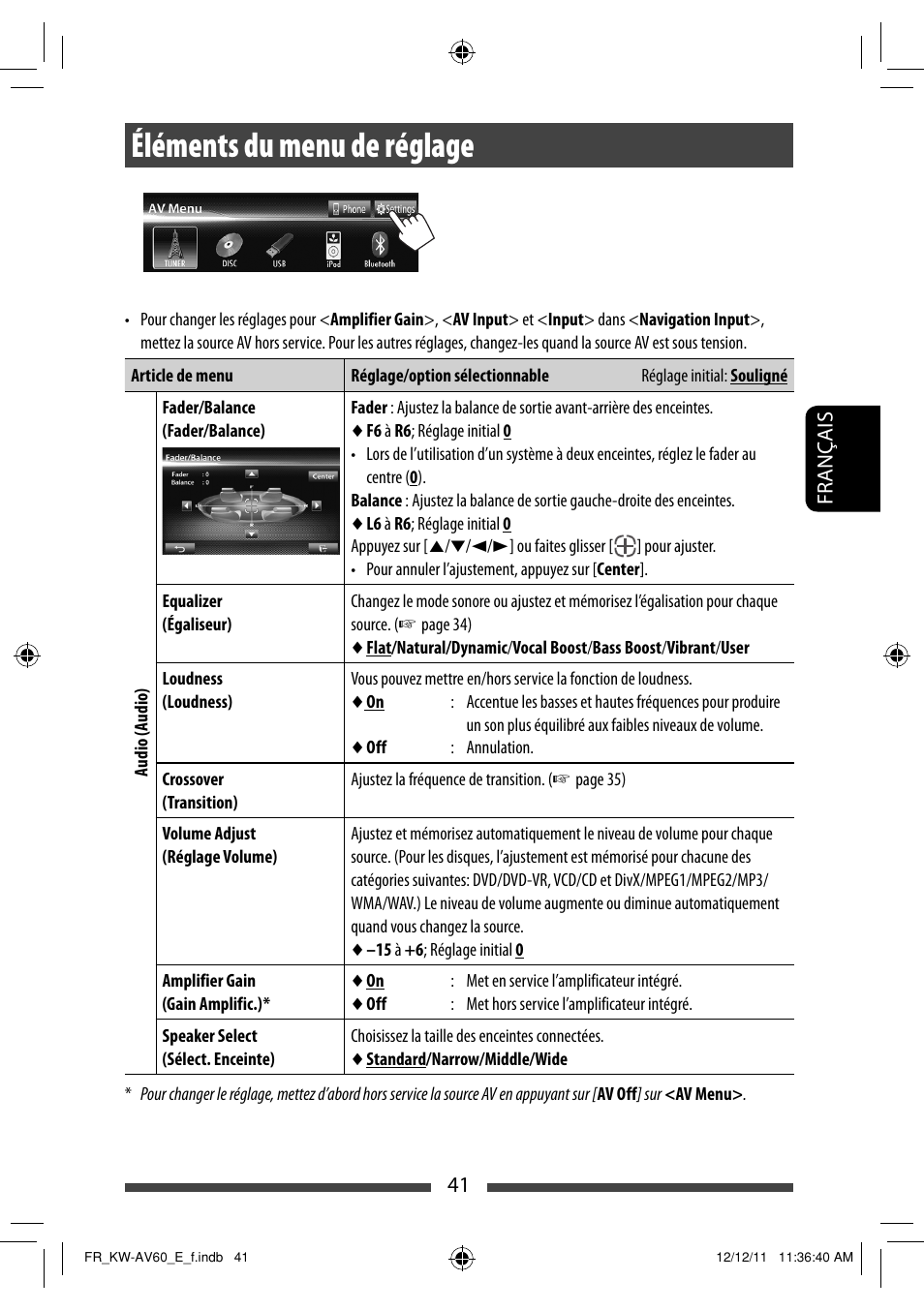 Éléments du menu de réglage | JVC KW-AV60BT User Manual | Page 177 / 277